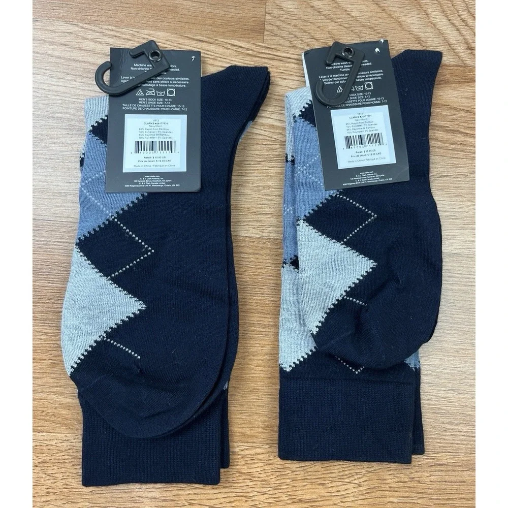 Lot of 2 Pairs of Clarks Men's Navy‎ Argyle Dress Socks Fits Shoe Size 7-12 NEW